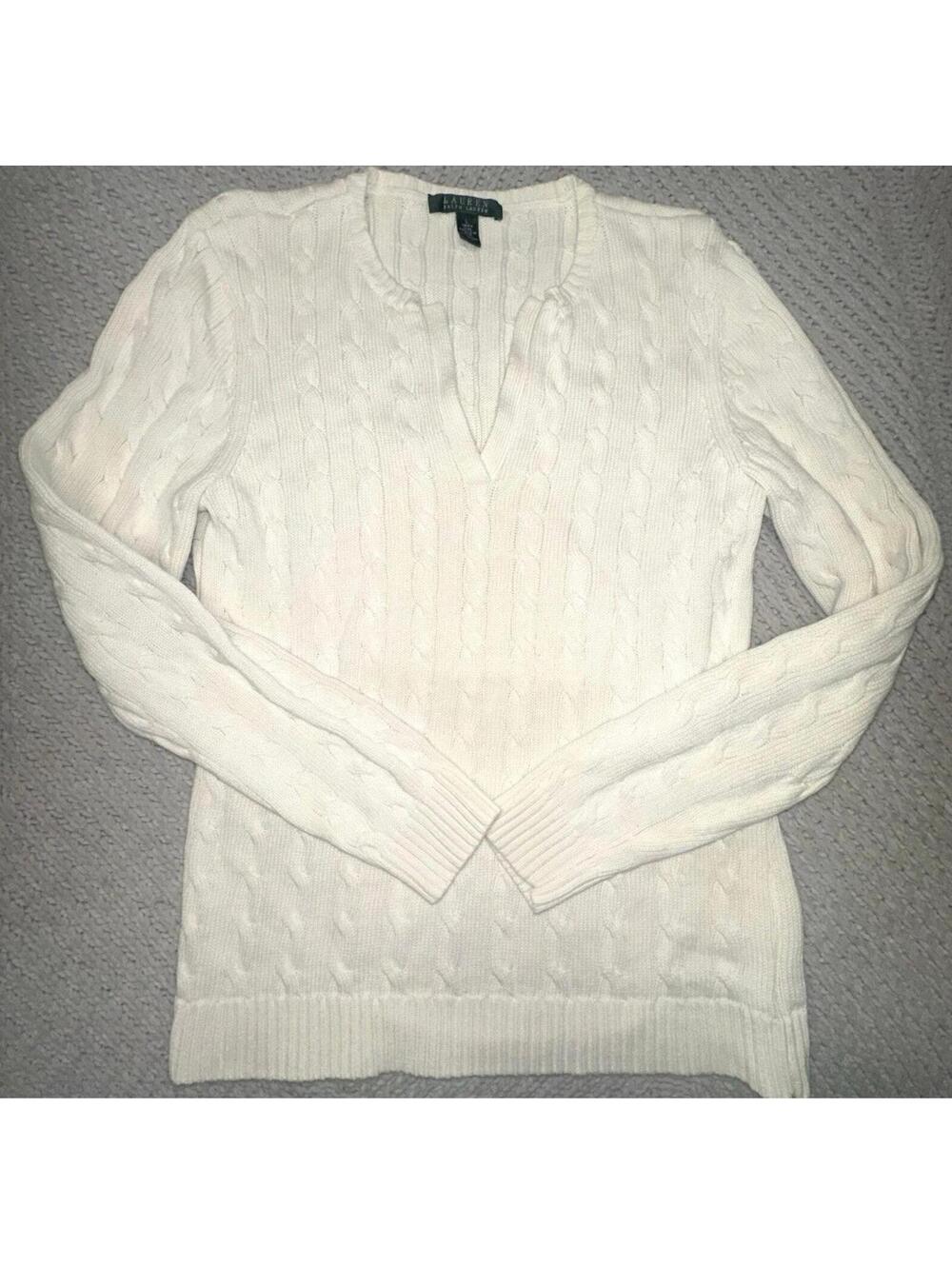 Lauren Ralph Lauren Cable Knit Sweater Split Notch Neck Cotton Size Large cream